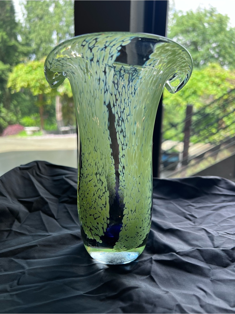 Handblown Art Glass Vase in Lime Green with Blue Core